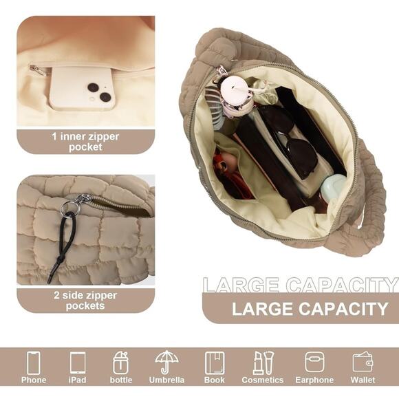 Quilted Puffer Tote Bag Purse Puffy Crossbody Shoulder Bag,Lightweight Nylon Bag - Picture 4 of 5